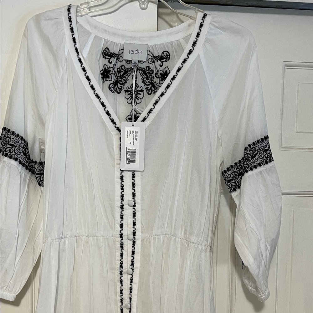 Johnny Was White Midi Dress with Black Embroidery